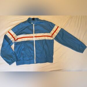 VINTAGE Light Blue Windbreaker with White Stripes and Full-Length Zipper